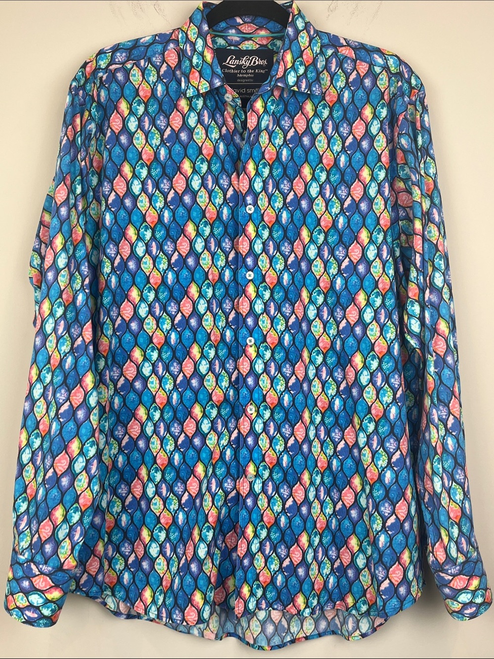 Lansky Bros Medium Long-Sleeve Button Down Colorful Blue Mosaic Print Shirt
